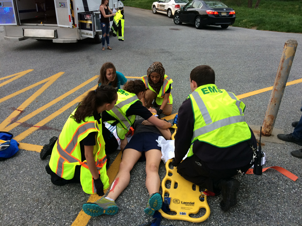 A simulated patient is treated after being struck by a motor vehicle Photo courtesy of Healthcare Theatre University of Delaware