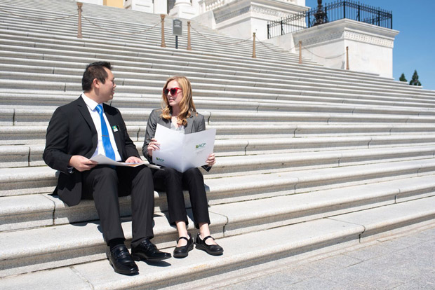 ACP ResidentslashFellow Member Brian Cheung MD and ACP Medical Student Member Hunter Cochran both of the Arkansas Chapter chat in between congressional visits on the Capitol steps Photo by Nick Klein